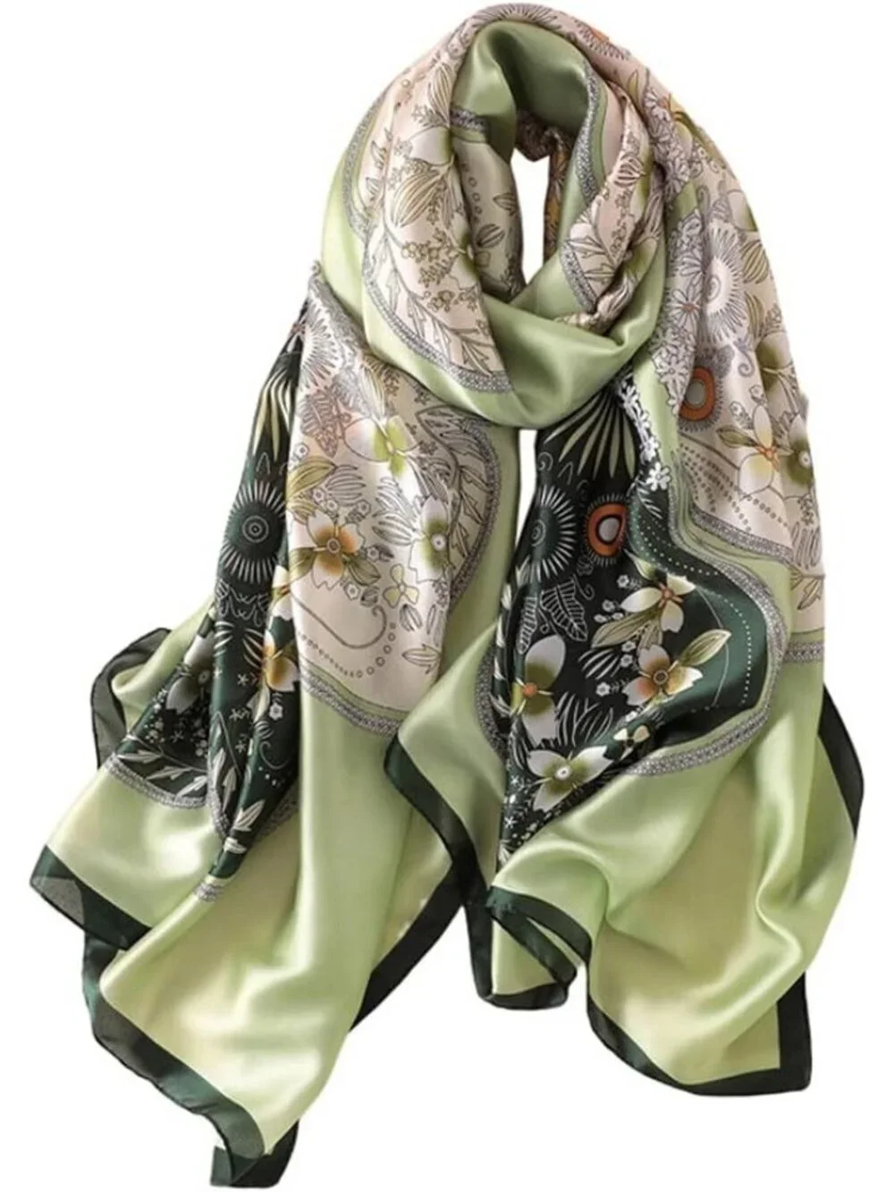 Women's Green Lightweight Silk Like Scarves Flower Print Head Cotton Wrap Scarf